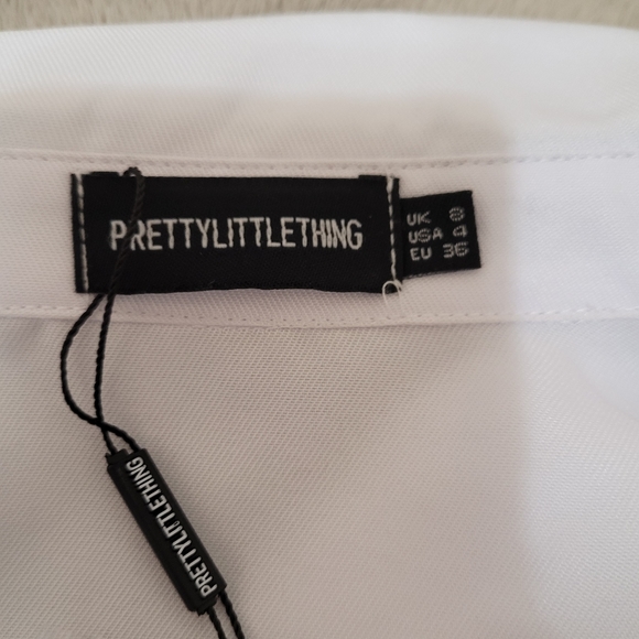PrettyLittleThing White Flare Puff Sleeve Tie Waist Shirt Dress size 4 - Picture 10 of 13